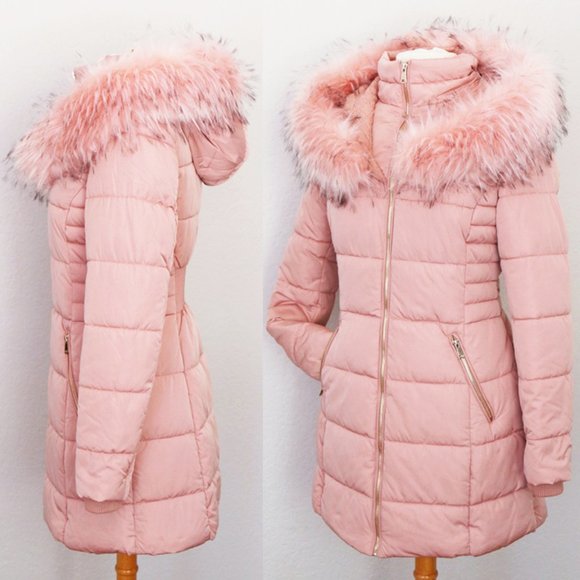 NEW Blush Pink Faux Fur Lined Puffer Coat Jacket - Picture 2 of 14